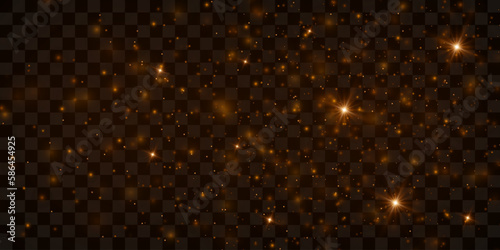 Yellow dust sparks and golden stars shine with special light. Christmas Abstract stylish light effect on a black transparent background. Vector sparkles Sparkling magical dust particles.
