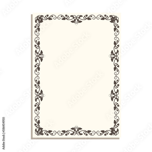 Vertical frame with vines and leaves for decorative design of book pages, diplomas and certificates in A4 format. Minimalistic vector isolated on white