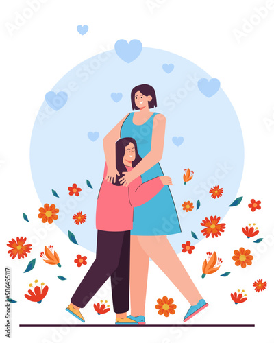 Mother and daughter hugging vector illustration. Happy woman and girl standing together, celebrating holiday with flowers and hearts on white background. Mothers day, family, attention concept