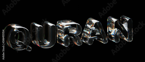 The word Quran is written in shiny glass letters on a black background.