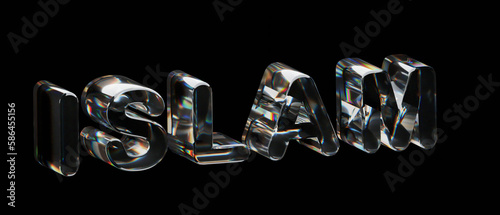 The word Islam is written in shiny glass letters on a black background.