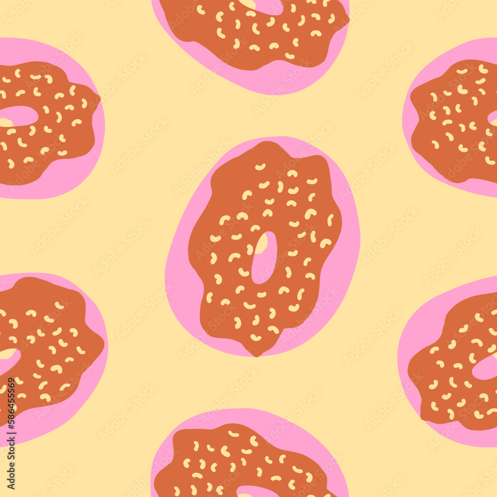 Seamless pattern of donut rings in cartoon flat style. With sprinkles, chocolate cream and pink glaze base. Sweet bakery candy dessert. Vector colorful illustration isolated on light background. Seamless pattern of donut rings in cartoon flat style. With sprinkles, chocolate cream and pink glaze base. Sweet bakery candy dessert. Vector colorful illustration isolated on light background.