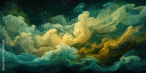 Turbulent folds and swirls of dreamlike ocean wavy clouds, ethereal sea green yellow colors, soft soothing fantasy background - generative AI