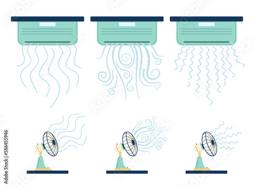 Home air conditioners and fans vector illustration set. Different styles of clean and fresh air flow blowing from conditioner on white background. Air purifier, hot weather, summer concept