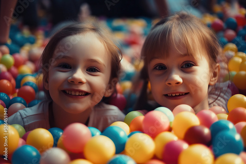 Colorful Fun. Energetic group of children enjoying playful time in a vibrant ball pit. Playtime concept. AI Generative