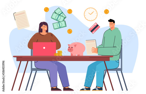 Couple saving money and analyzing finances vector illustration. Male and female characters sitting at table with money, cash, credit card on white background. Personal finance, deposit growth concept