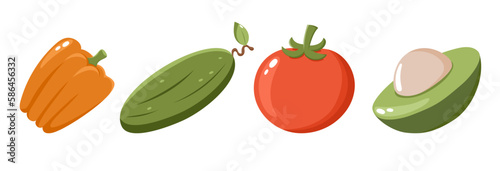 Set of bright colourful vegetables. Gardening and harvesting. Avocado, tomato, cucumber, pepper. Vector illustration in cartoon style.