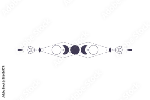 Moon Phases with celestial border isolated on white background. Mystic esoteric symbol with moon and border. Astrology cycle eclipse. Vector design element.