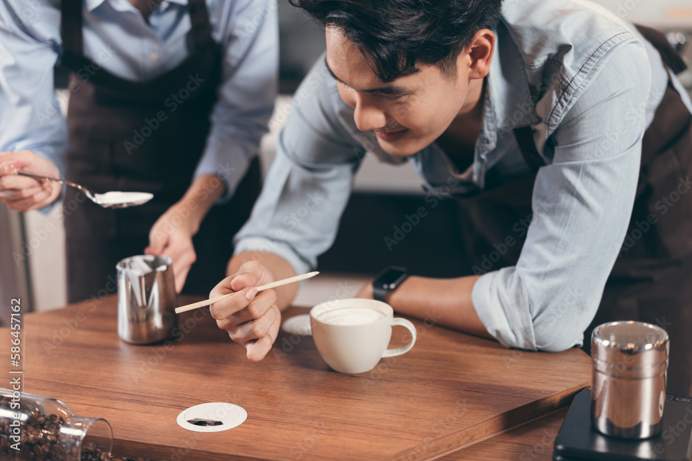 Happy barista Asia man make coffee at coffee shop Happy barista Asia man make coffee at coffee shop