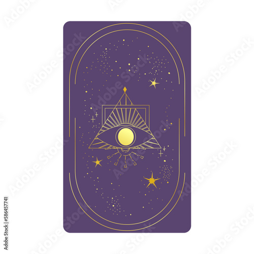 Tarot card gold with mystic eye pyramid in frame isolated. Boho esoteric tarot card with eye and star. Vector illustration. Sacred geometry celestial triangle