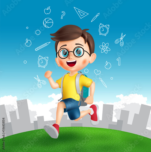 Back to school boy vector design. Back to school male student character in cute face running in outdoor background. Vector illustration back to school educational design.