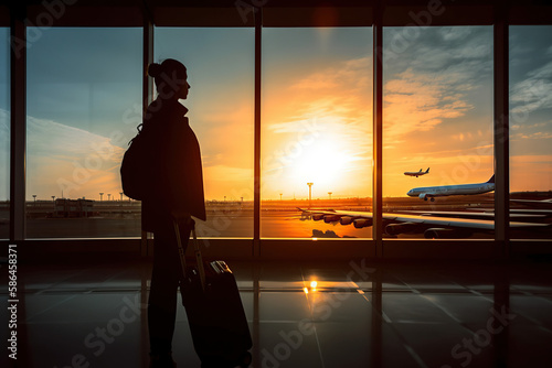 Traveler person Waiting for a Flight at the Airport at sunset AI Generative © Mr. Bolota