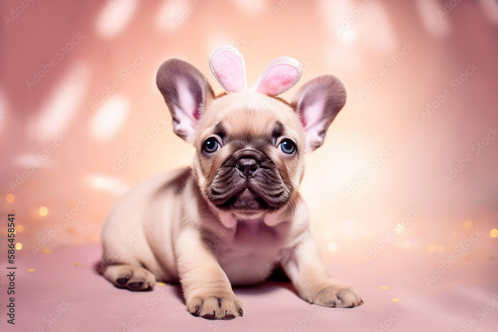 French Bulldog dog puppy with easter bunny ears. Generative AI