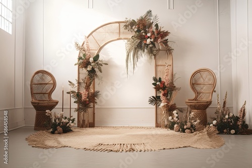 wedding backdrop aesthetic flower decoration indoor studio background AI Generated