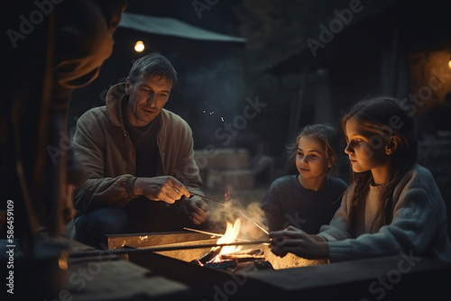 Family Campfire moments. Family cooking together over an open flame in the great outdoors during camping vacation. Bonding time concept. AI Generative