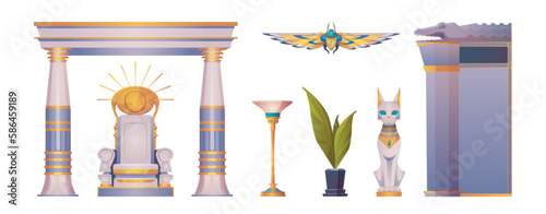 Ancient throne of egypt pharaoh for god temple cartoon vector set. Egyptian indoor column symmetry and crocodile wall construction. Cat sculpture, sit place with gold eye and torch symbol collection.