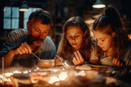 Campfire Cooking. Family cooking together over an open flame in the great outdoors, during a camping trip or vacation. Bonding experience concept. AI Generative