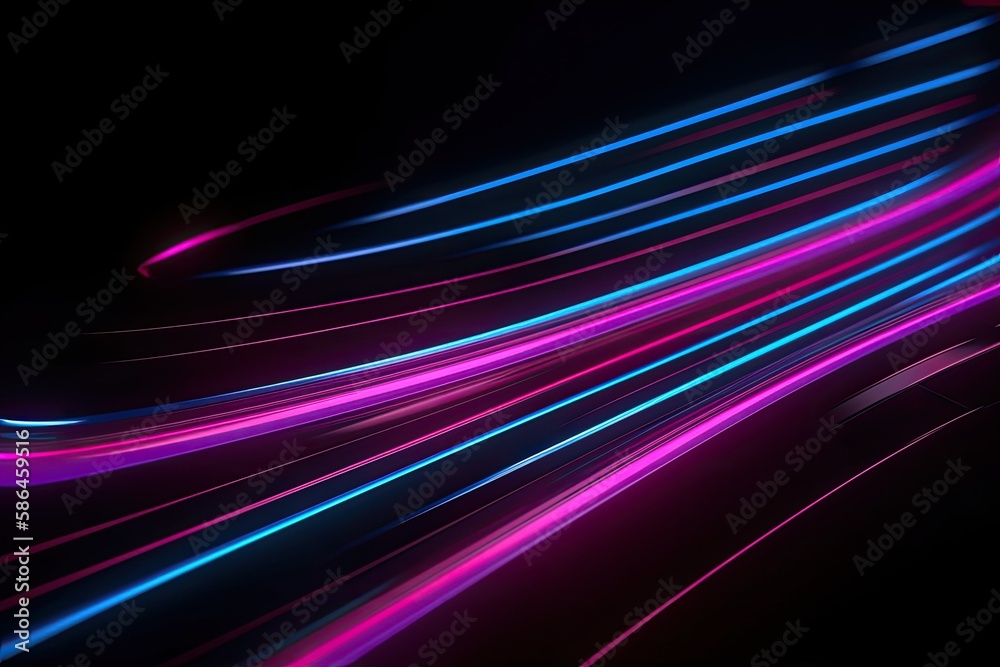 a 3d render, abstract black background with pink blue neon lines glowing in ultraviolet light, and bokeh lights feels like a Data transfer concept. can bes used as Digital futuristic wallpaper