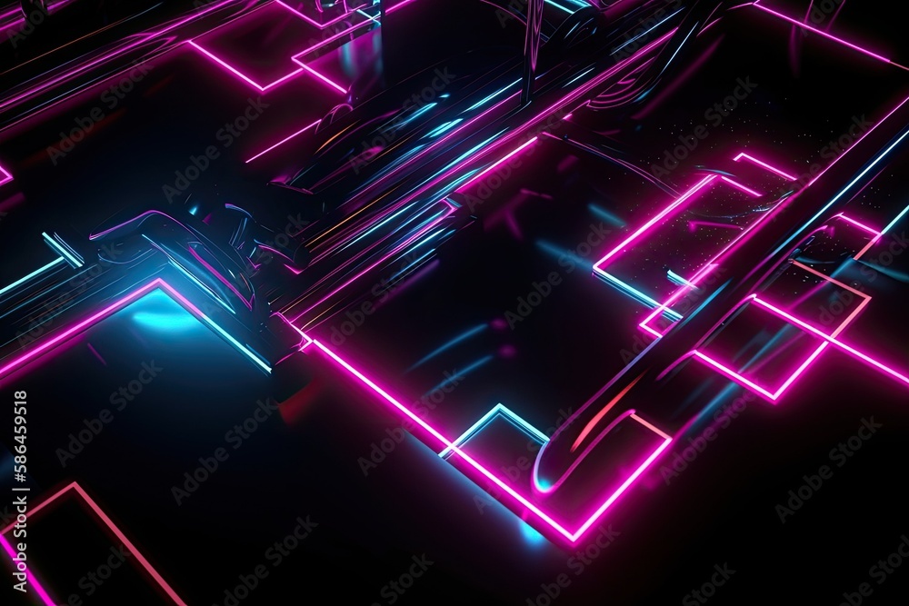 a 3d render, abstract black background with pink blue neon lines ...