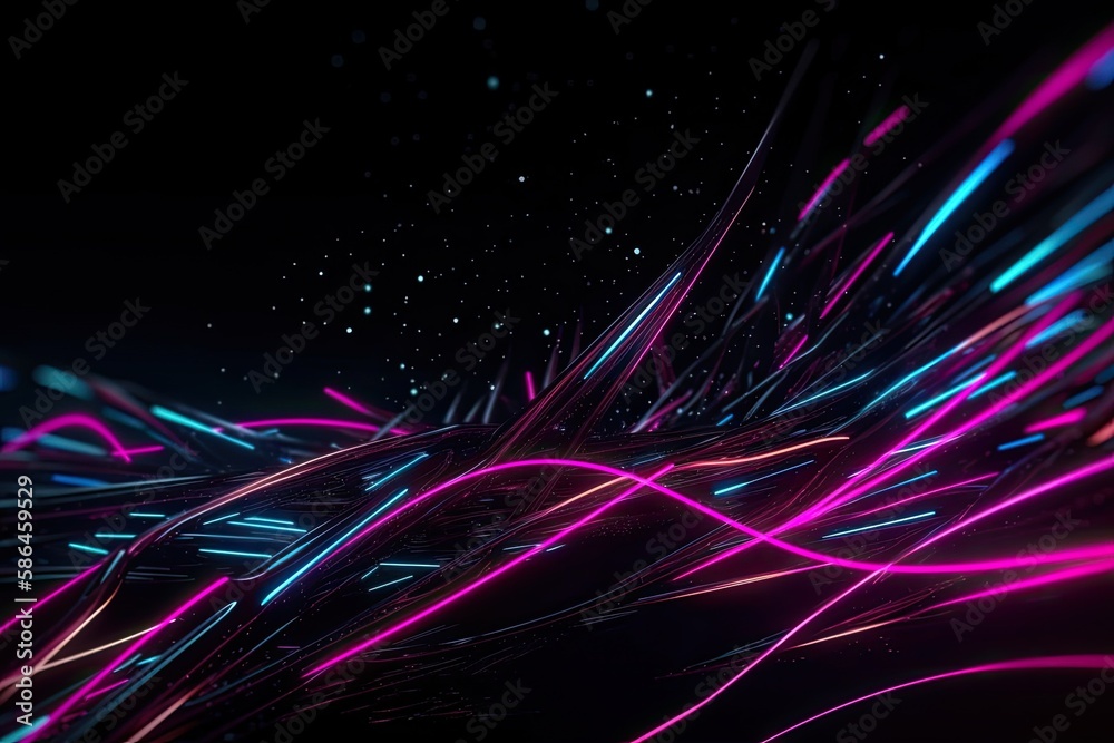 a 3d render, abstract black background with pink blue neon lines ...