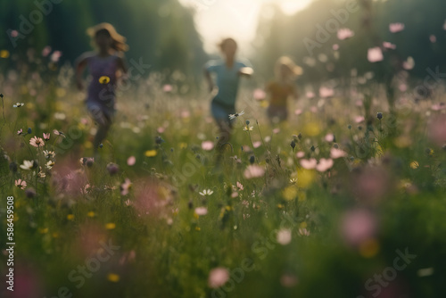 Wild Adventures. Group of kids running joyfully through a field of colorful wildflowers. Nature exploration concept. AI Generative