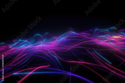 a 3d render, abstract black background with pink blue neon lines glowing in ultraviolet light, and bokeh lights feels like a Data transfer concept. can bes used as Digital futuristic wallpaper