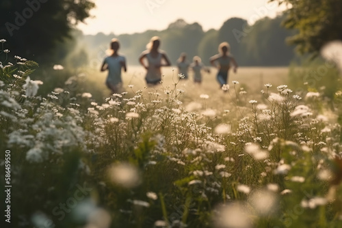 Wild Adventures. Group of kids running joyfully through a field of colorful wildflowers. Nature exploration concept. AI Generative
