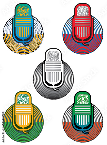 Symbolic illustration combined with a record disc with the motif of a retro skeleton microphone from the 50's (5 types of color scheme set including monotone)