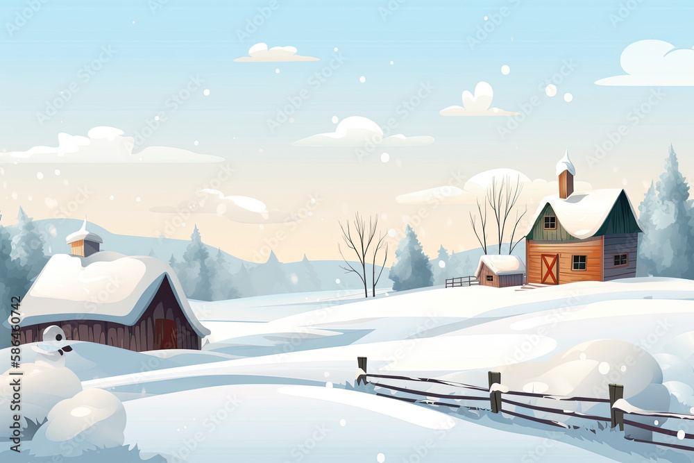 Snowy countryside day scene with wooden cottage and snowman at front, generative Ai