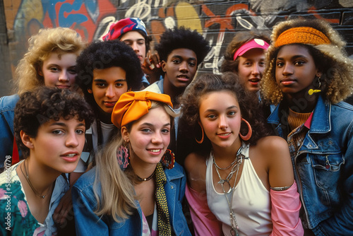 80s Memories. Group of teenagers gather for a group photo in 1985. Nostalgic reminiscence concept. AI Generative