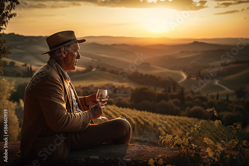 A man sipping a glass of Chianti wine with breathtaking views of Tuscany - Italian region famous for its picturesque landscapes and excellent wines - ai generative