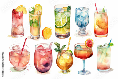 Watercolor illustration of drinks and cocktails collection on white background, generative AI