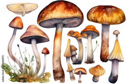 Watercolor illustration of mushrooms collection on white background, generative AI