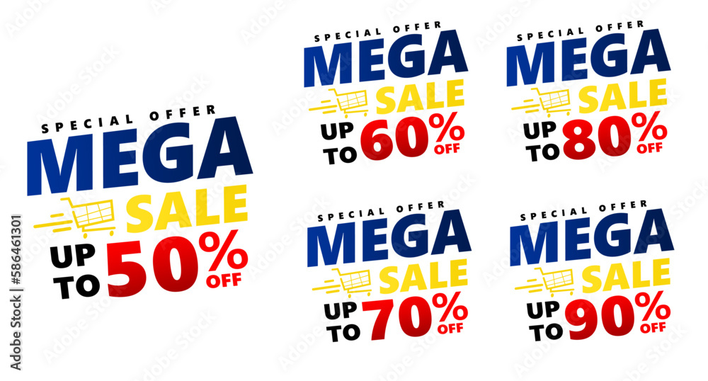 Percent Sale banner template design set, Big sale special offer. 50 60 70 80 90 percent sale. Vector illustration. Can used for business store event.