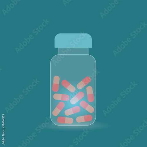 Pills in a transparent phial on a blue-green background. Vector illustration.