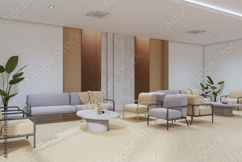 Light office lobby or waiting area interior with furniture. Cozy designs concept. 3D Rendering.