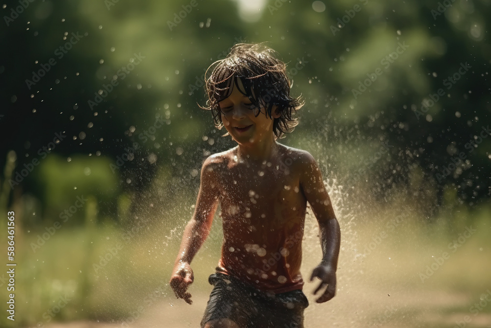 Water Fun. Little boy with messy hair happily running through a sprinkler, enjoying the water. Summer joy concept. AI Generative Water Fun. Little boy with messy hair happily running through a sprinkler, enjoying the water. Summer joy concept. AI Generative