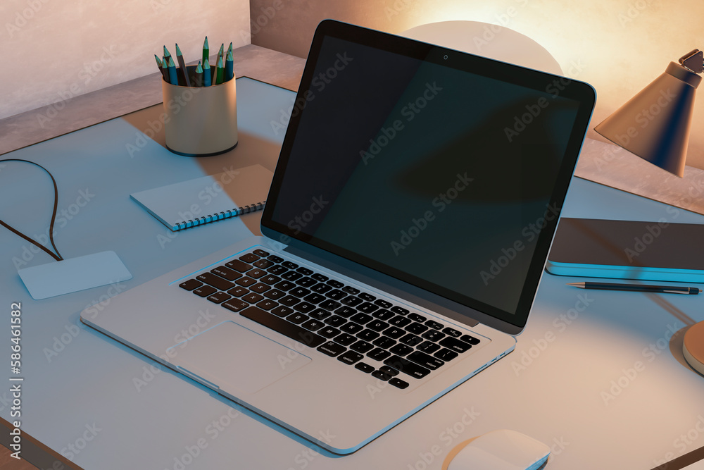 Close up of bright designer desktop with blank laptop screen and supplies. Mock up, 3D Rendering. Workplace design concept. Close up of bright designer desktop with blank laptop screen and supplies. Mock up, 3D Rendering. Workplace design concept.