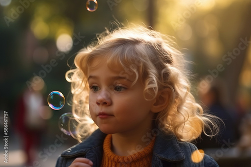 Sunny Day Adventures: Little Girl with Curls and Her Bubbles in the Park - AI Generative