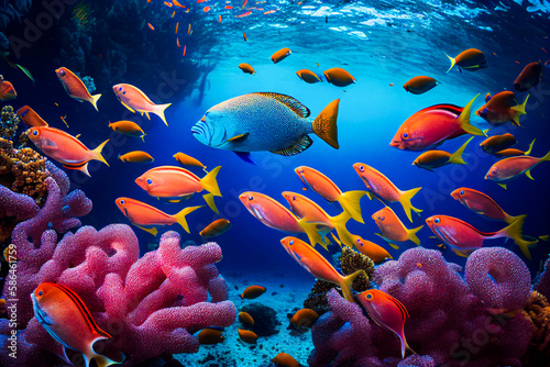 Underwater sea reef landscape with tropical fish, coral, red stars and sponges cartoon background. Blue lagoon world or aquarium with colorful animals and sun beams. Generative AI