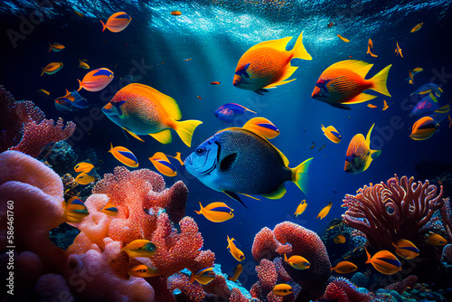 Underwater sea reef landscape with tropical fish, coral, red stars and sponges cartoon background. Blue lagoon world or aquarium with colorful animals and sun beams. Generative AI