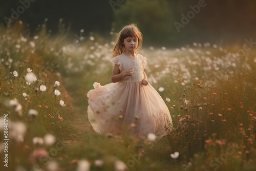 The Little Princess Dancing and Twirling in the Sunset at the Field of Wildflowers - AI Generative
