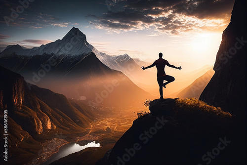 Man meditating in sitting yoga position on the top of a mountains Generative AI