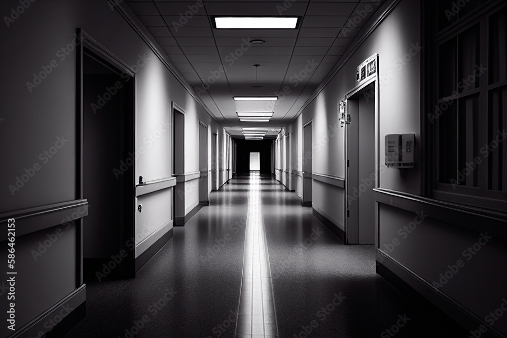 Hotel, clinic or hostel hall with black and white color. Corridor with doors in perspective view. Generative AI Hotel, clinic or hostel hall with black and white color. Corridor with doors in perspective view. Generative AI