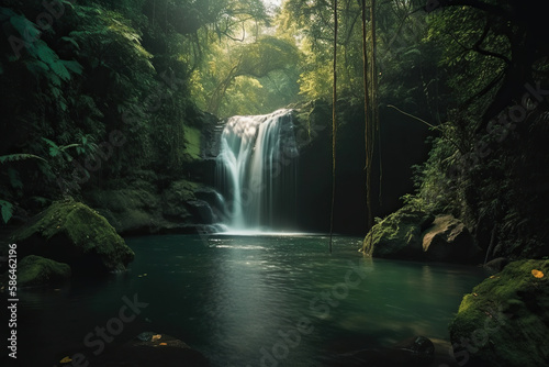 Relaxing in the Majestic and Serene Surroundings of a Towering Waterfall | Rejuvenating Retreat Concept | Ai Generative