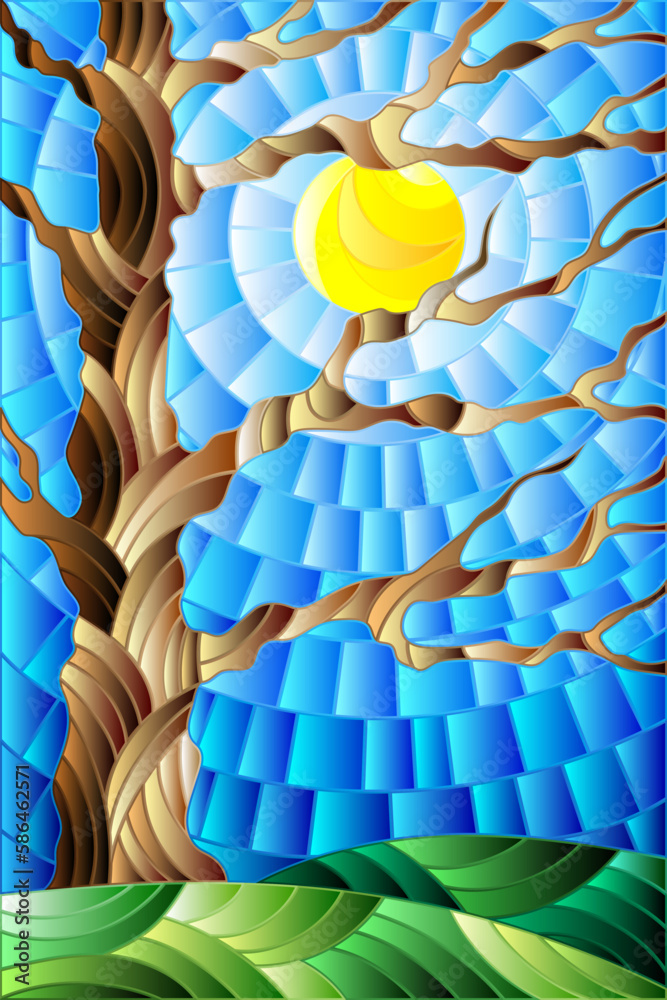 Obraz premium An illustration in the style of stained glass with an abstract autumn tree on a background of blue sky and sun