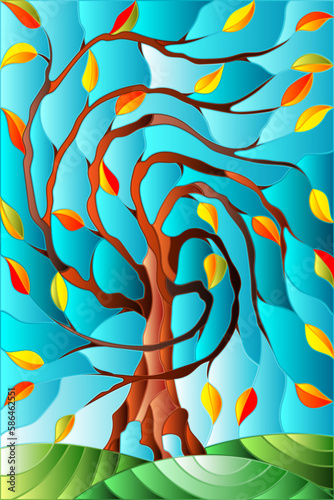 An illustration in the style of stained glass with an abstract autumn tree on a blue sky background