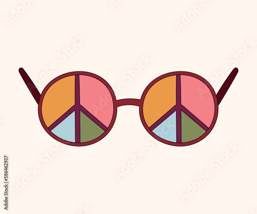 Groovy retro isolated clip art with funny multicolored hippie sunglasses and peace symbol, 70s nostalgia, old fashioned aesthetic, positive optimistic vibes vector illustration