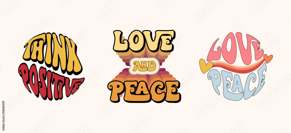 Groovy 70s retro composition with positive inspiring quote - peace and love, nostalgia hippie vibes, optimistic poster or card print, vector hand drawn art