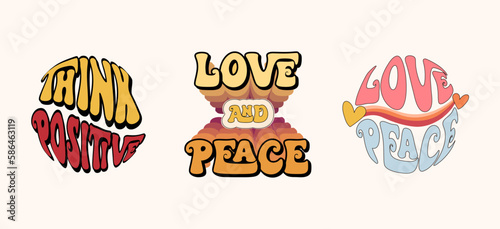 Groovy 70s retro composition with positive inspiring quote - peace and love, nostalgia hippie vibes, optimistic poster or card print, vector hand drawn art